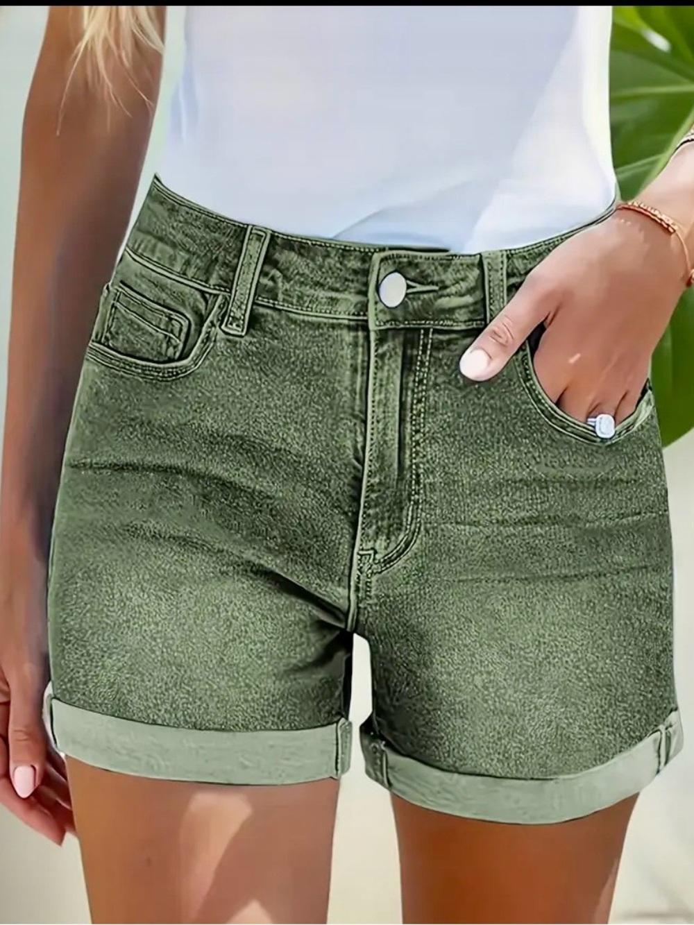 High-Rise Olive Green Rolled-Hem Jean Shorts